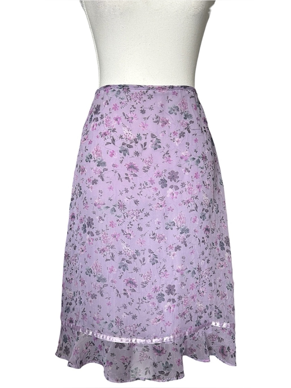 Y2K Coquette “My Michelle” Light Purple Floral Mesh Ruffle Trim Midi Skirt
